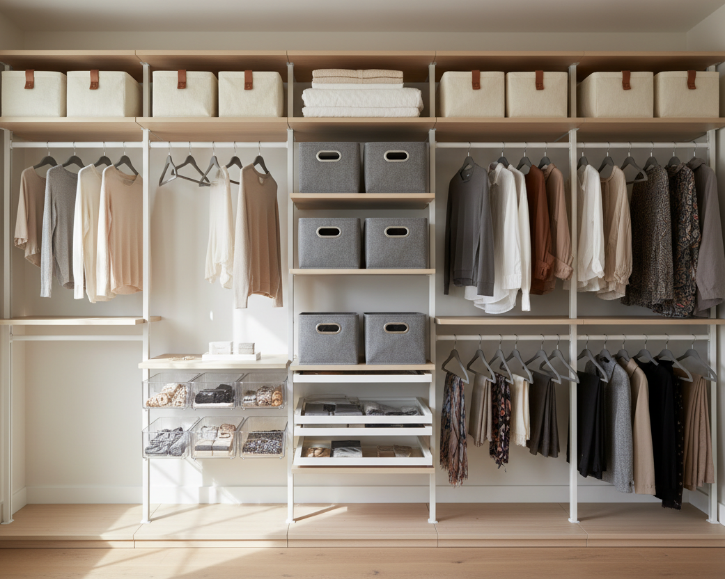 A fully organized walk-in closet with light wood shelving, white metal racks, fabric storage bins, and clothing in neutral tones including beige, cream, gray, taupe, and brown. A bright window is visible on the left side.