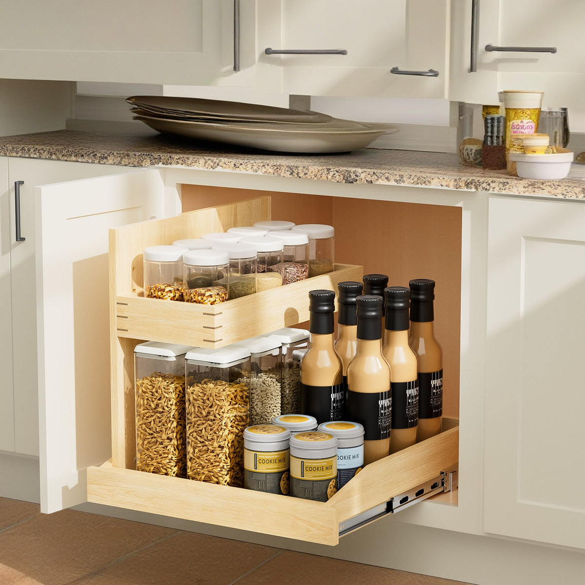 Open kitchen cabinet drawer with organized spice and food storage containers.